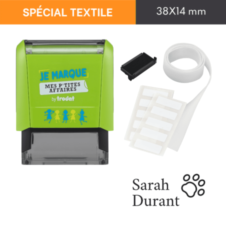Kit tampon textile Trodat "empreinte de chien" Je marque mes p'tites affaires Kit tampon textile Trodat "empreinte de chien" Je marque mes p'tites affaires