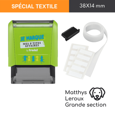 Kit tampon textile Trodat "chien" Je marque mes p'tites affaires Kit tampon textile Trodat "chien" Je marque mes p'tites affaires