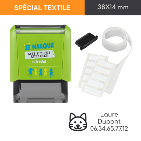 Kit tampon textile Trodat "chat" Je marque mes p'tites affaires Kit tampon textile Trodat "chat" Je marque mes p'tites affaires